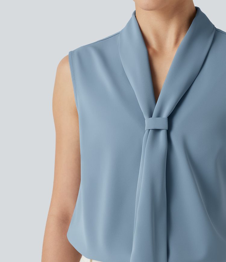 Ärmellose Bluse mit V-Ausschnitt und Schleifenkragen - knitterfrei
