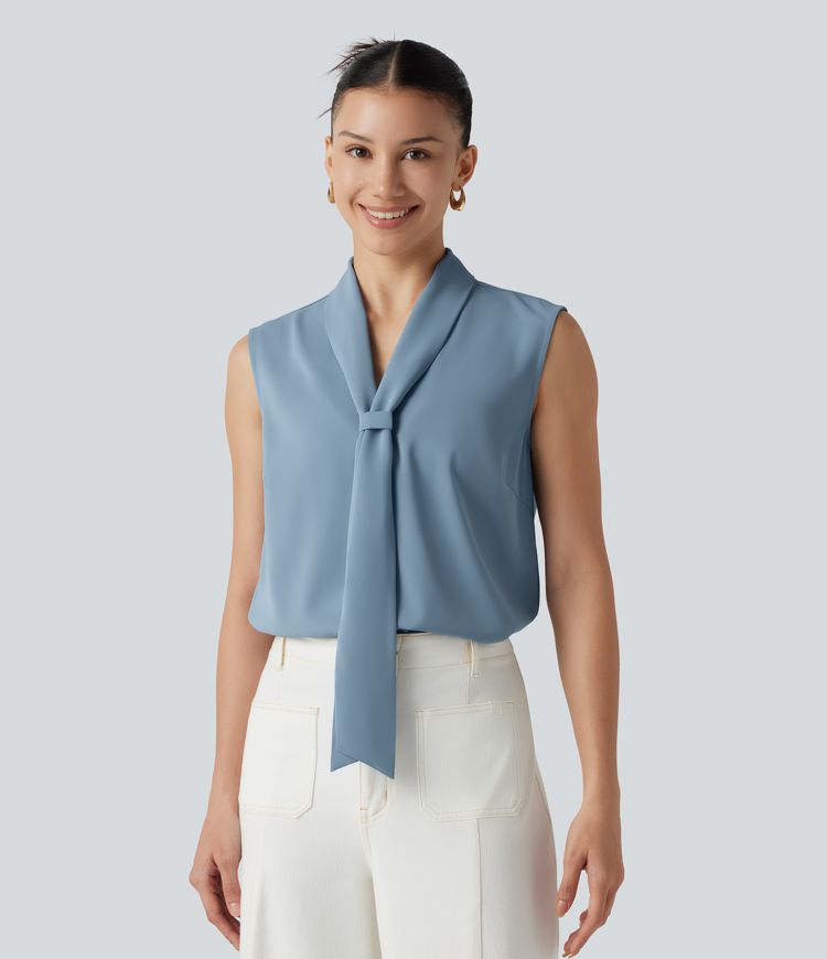 Ärmellose Bluse mit V-Ausschnitt und Schleifenkragen - knitterfrei