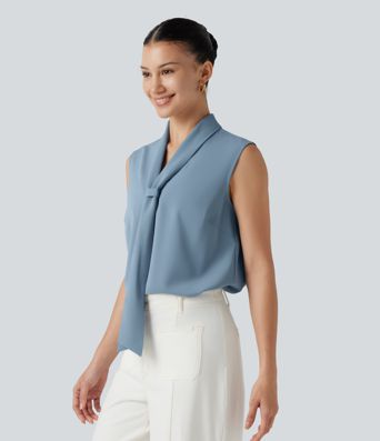 Ärmellose Bluse mit V-Ausschnitt und Schleifenkragen - knitterfrei