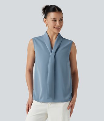 Ärmellose Bluse mit V-Ausschnitt und Schleifenkragen - knitterfrei