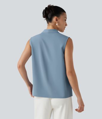 Ärmellose Bluse mit V-Ausschnitt und Schleifenkragen - knitterfrei