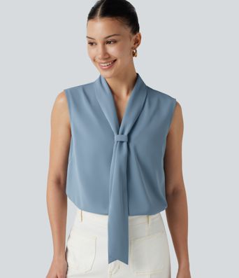 Ärmellose Bluse mit V-Ausschnitt und Schleifenkragen - knitterfrei