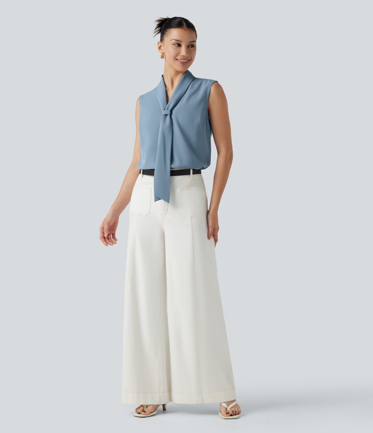 Ärmellose Bluse mit V-Ausschnitt und Schleifenkragen - knitterfrei