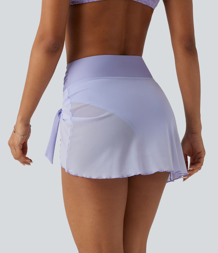 High Waisted Tummy Control Mesh Ruched Tie Asymmetric Hem 2-in-1 Bikini Bottom Swimsuit 3"