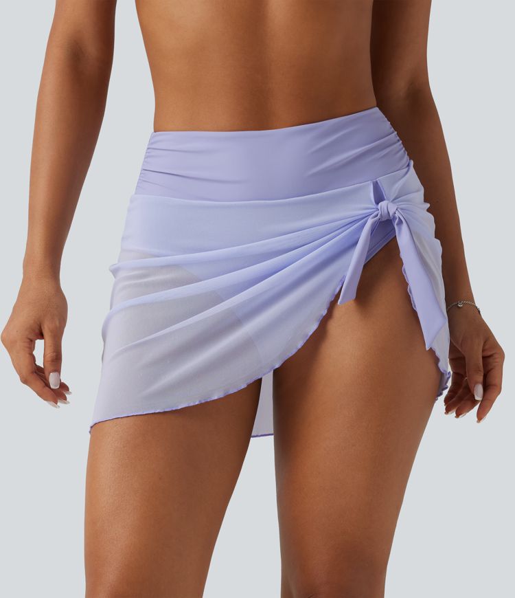2-in-1 Bikinihose mit Bauchkontrolle und Mesh-Umhang mit asymmetrischem Saum - 7,6 cm