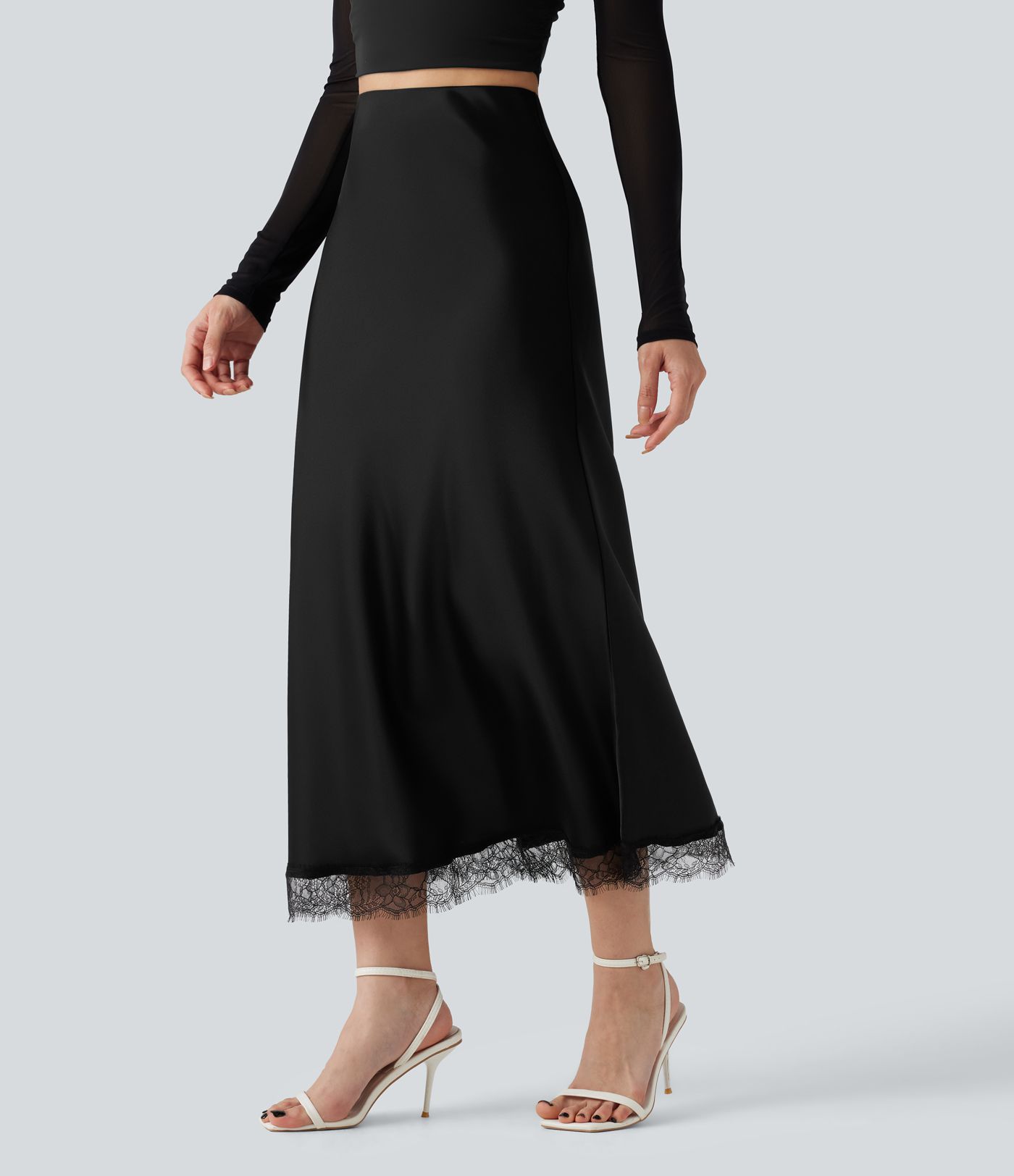 High-waisted Contrast Lace Midi Casual A-Line Skirt