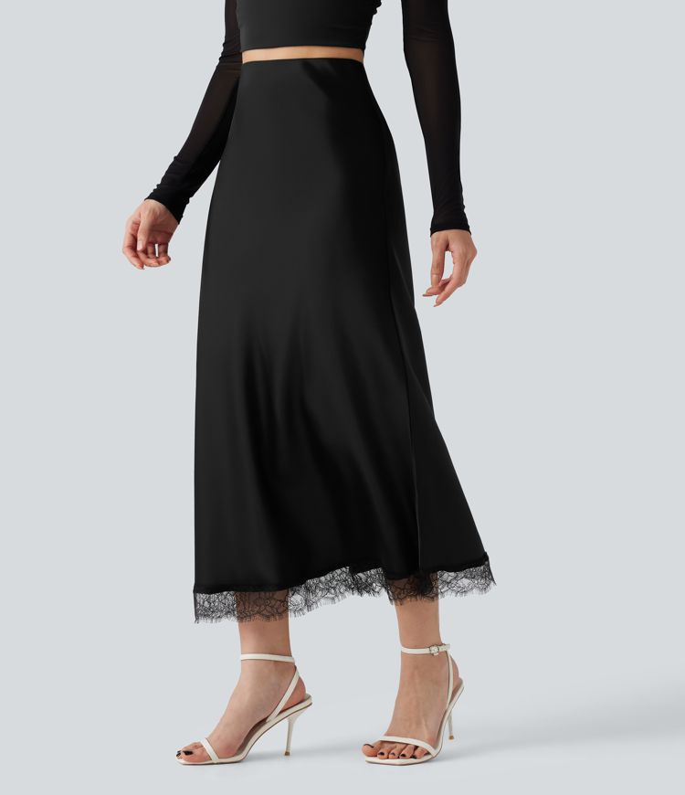 High-waisted Contrast Lace Midi Casual A-Line Skirt