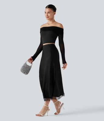 High-waisted Contrast Lace Midi Casual A-Line Skirt