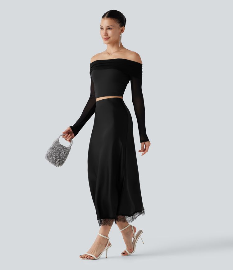 High-waisted Contrast Lace Midi Casual A-Line Skirt