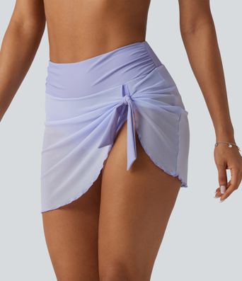 High Waisted Tummy Control Mesh Ruched Tie Asymmetric Hem 2-in-1 Bikini Bottom Swimsuit 3"