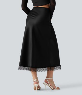 High-waisted Contrast Lace Midi Casual A-Line Skirt