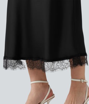 High-waisted Contrast Lace Midi Casual A-Line Skirt