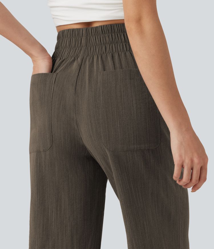 High Waisted Flare Casual Linen-Feel Pants with Pockets