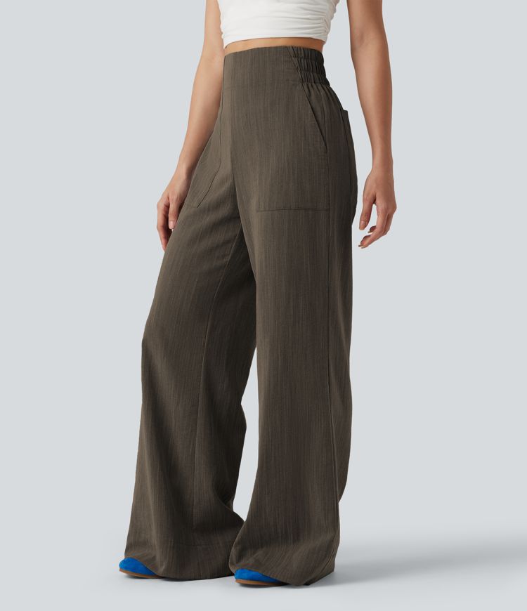 High Waisted Flare Casual Linen-Feel Pants with Pockets