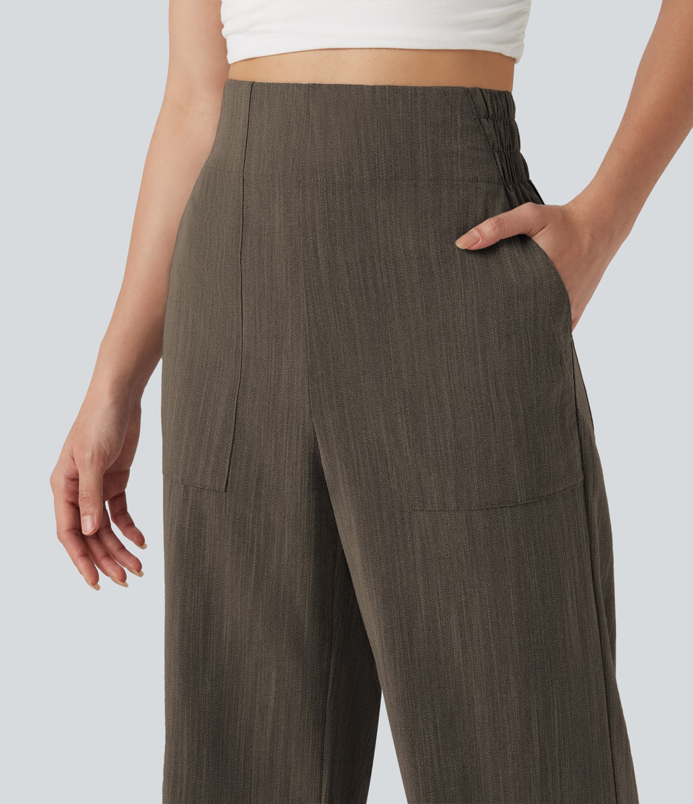 High Waisted Flare Casual Linen-Feel Pants with Pockets