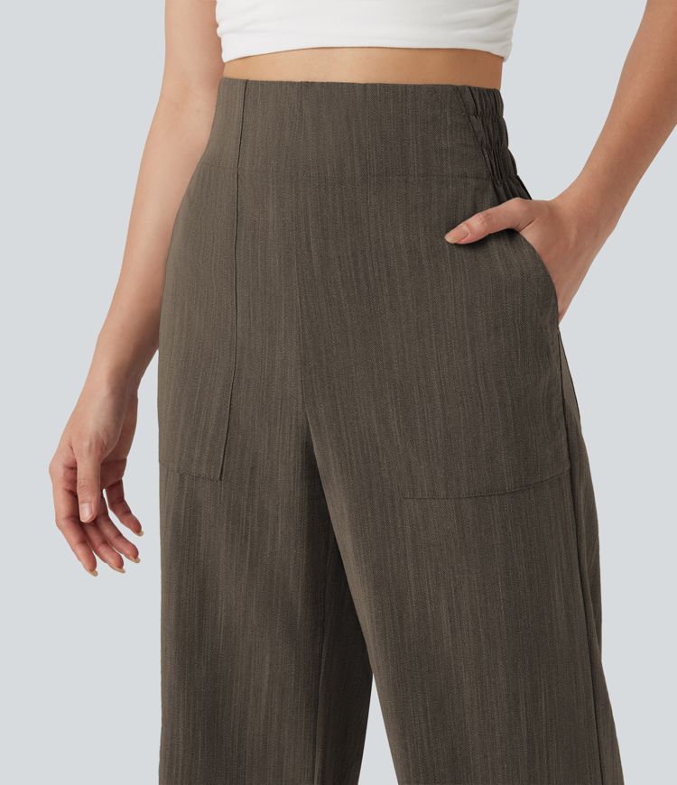 High Waisted Flare Casual Linen-Feel Pants with Pockets