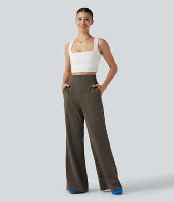 High Waisted Flare Casual Linen-Feel Pants with Pockets