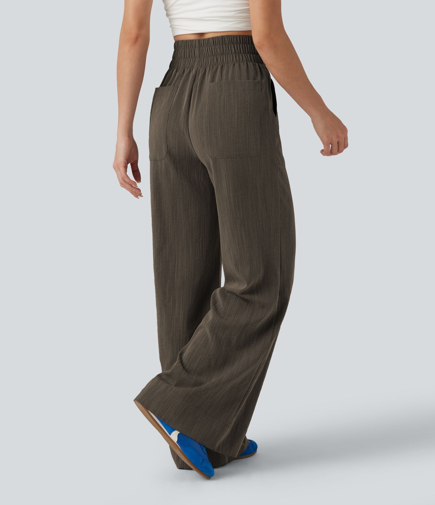 High Waisted Flare Casual Linen-Feel Pants with Pockets