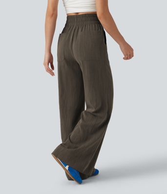 High Waisted Flare Casual Linen-Feel Pants with Pockets