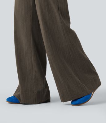 High Waisted Flare Casual Linen-Feel Pants with Pockets
