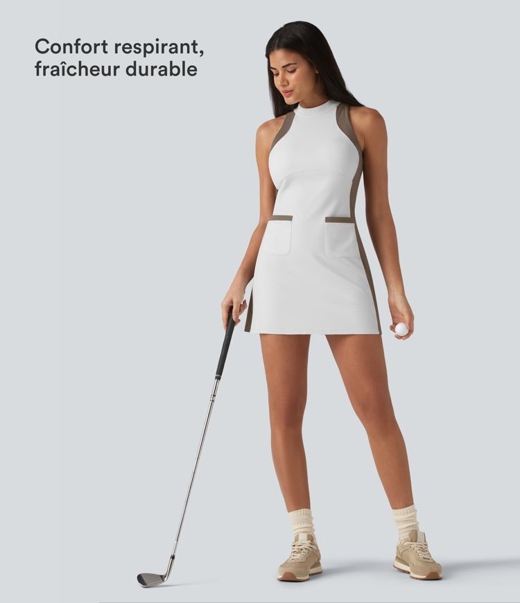 Halara UltraSculpt™ Robe mini de golf sans manches col cheminée color block avec poches