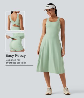 SoftlyZero™ Airy Square Neck Built-in Bra 2-in-1 Cool Touch Midi Dance Active Dress with Pockets-Easy Peezy Edition