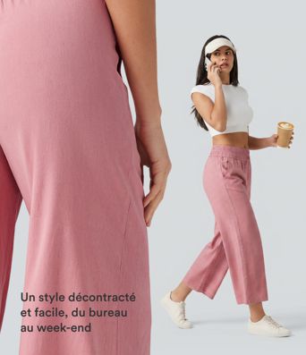 Pantalon large fluide 7/8 taille mi-haute en lin extensible avec poches