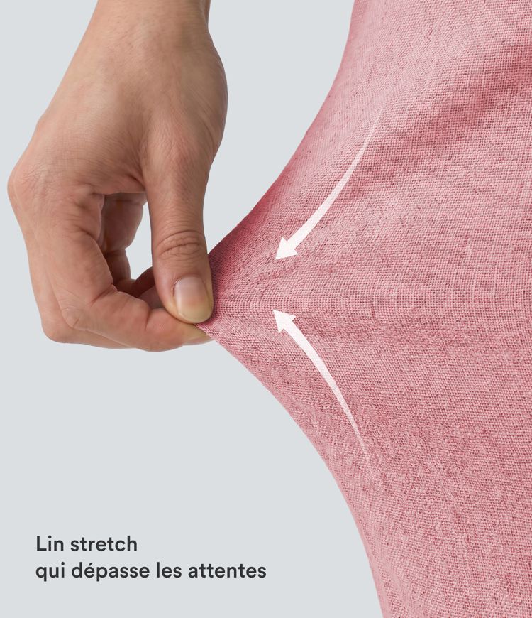 Pantalon large fluide 7/8 taille mi-haute en lin extensible avec poches