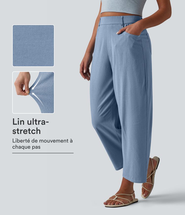 Pantalon casual taille haute en lin stretch coupe barrel avec poches Pantalon casual taille haute en lin stretch coupe barrel avec poches