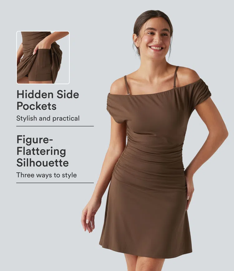 Soft Silt SoftlyZero™ Off-shoulder Removable Strap Built-in Bra 2-in-1 Yoga Active Dress with Pockets-Easy Peezy A-D Cups / 1