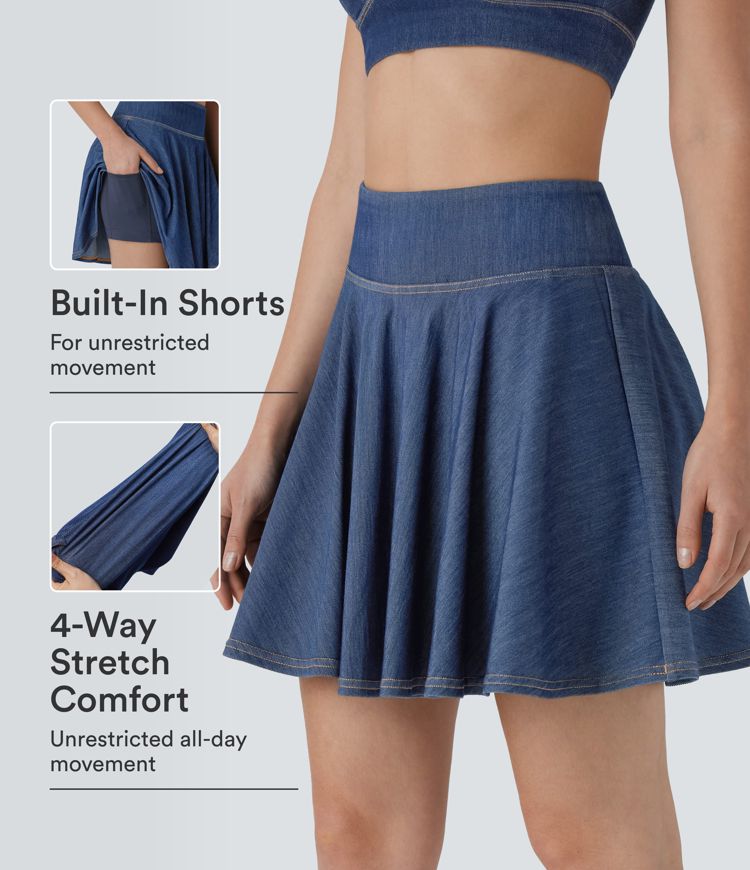 Halara Flex™ High Waisted 2-in-1 InstantCool Washed Stretchy Knit Denim Mini Tennis Skirt with Pockets Halara Flex™ High Waisted 2-in-1 InstantCool Washed Stretchy Knit Denim Mini Tennis Skirt with Pockets