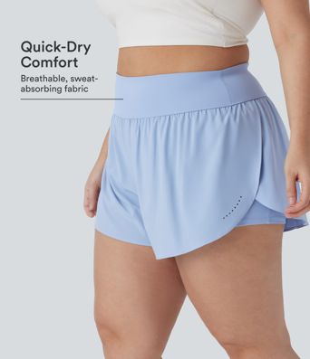 SoftlyZero™ QuickDry pantalones cortos para correr 2 en 1 de talle alto, con puntos reflectantes, dobladillo cruzado, talla grande y con bolsillos