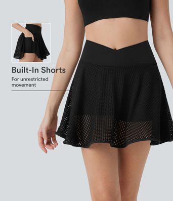 Crossover High Waisted 2-in-1 Pocket Perforated Flare Mini Yoga Skirt