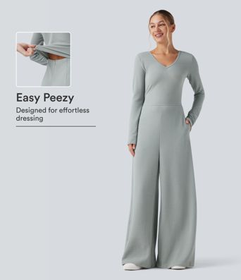 V Neck Long Sleeve Casual Jumpsuit with Pockets-Easy Peezy Edition V Neck Long Sleeve Casual Jumpsuit with Pockets-Easy Peezy Edition