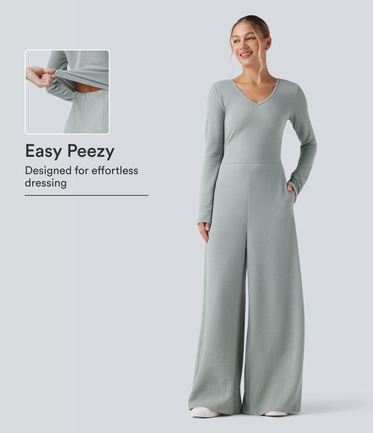 V Neck Long Sleeve Casual Jumpsuit with Pockets-Easy Peezy Edition V Neck Long Sleeve Casual Jumpsuit with Pockets-Easy Peezy Edition