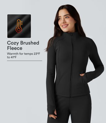 Long Sleeve Thumb Hole Fleece Workout Jacket with Pockets