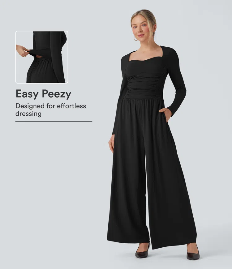 Schwarz Sweetheart-Ausschnitt Langarm Geraffter Lässiger Jumpsuit mit Taschen-Easy Peezy Edition / 1