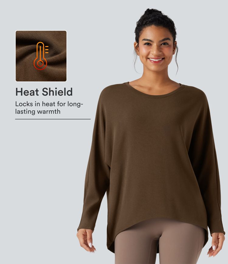 Lässiges Oversize-Thermo-Top mit tiefem Rundhalsausschnitt, langen Ärmeln und High-Low-Saum Lässiges Oversize-Thermo-Top mit tiefem Rundhalsausschnitt, langen Ärmeln und High-Low-Saum