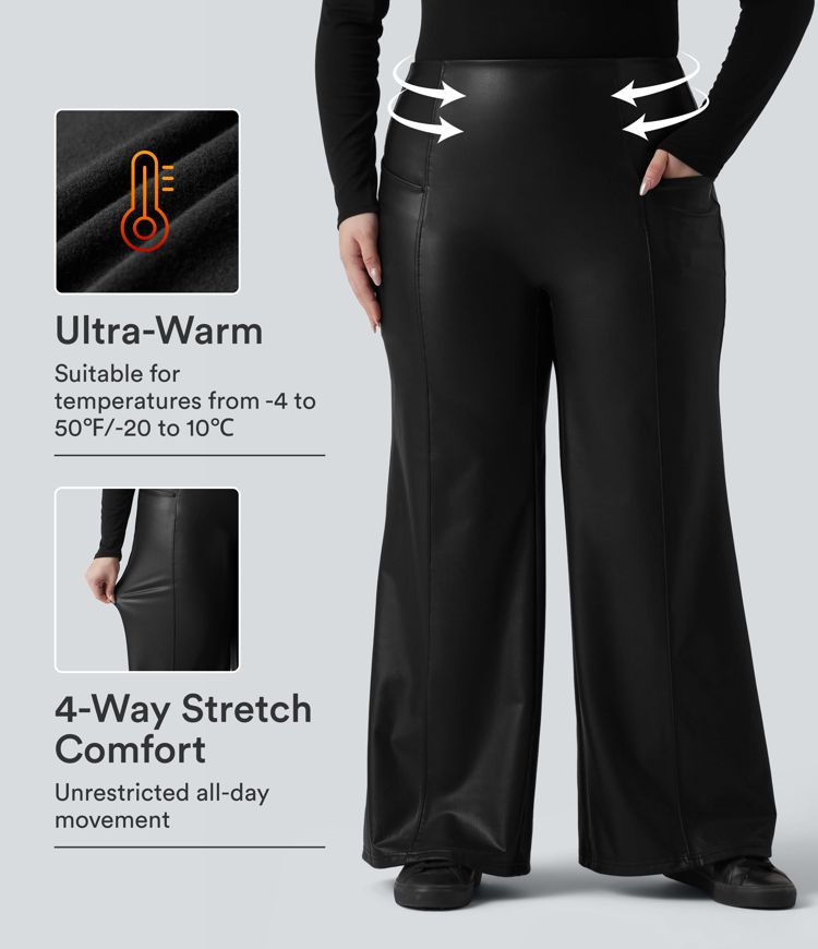High Waisted Tummy Control Stretchy PU Fleece Casual Plus Size Flare Pants with Pockets High Waisted Tummy Control Stretchy PU Fleece Casual Plus Size Flare Pants with Pockets