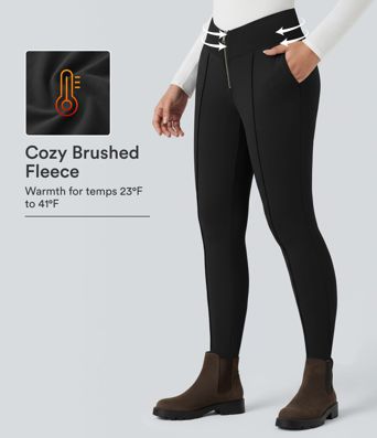 SoftlyZero™ Plush Thermal V Shaped High Waisted Zipper Work Pants with Pockets SoftlyZero™ Plush Thermal V Shaped High Waisted Zipper Work Pants with Pockets