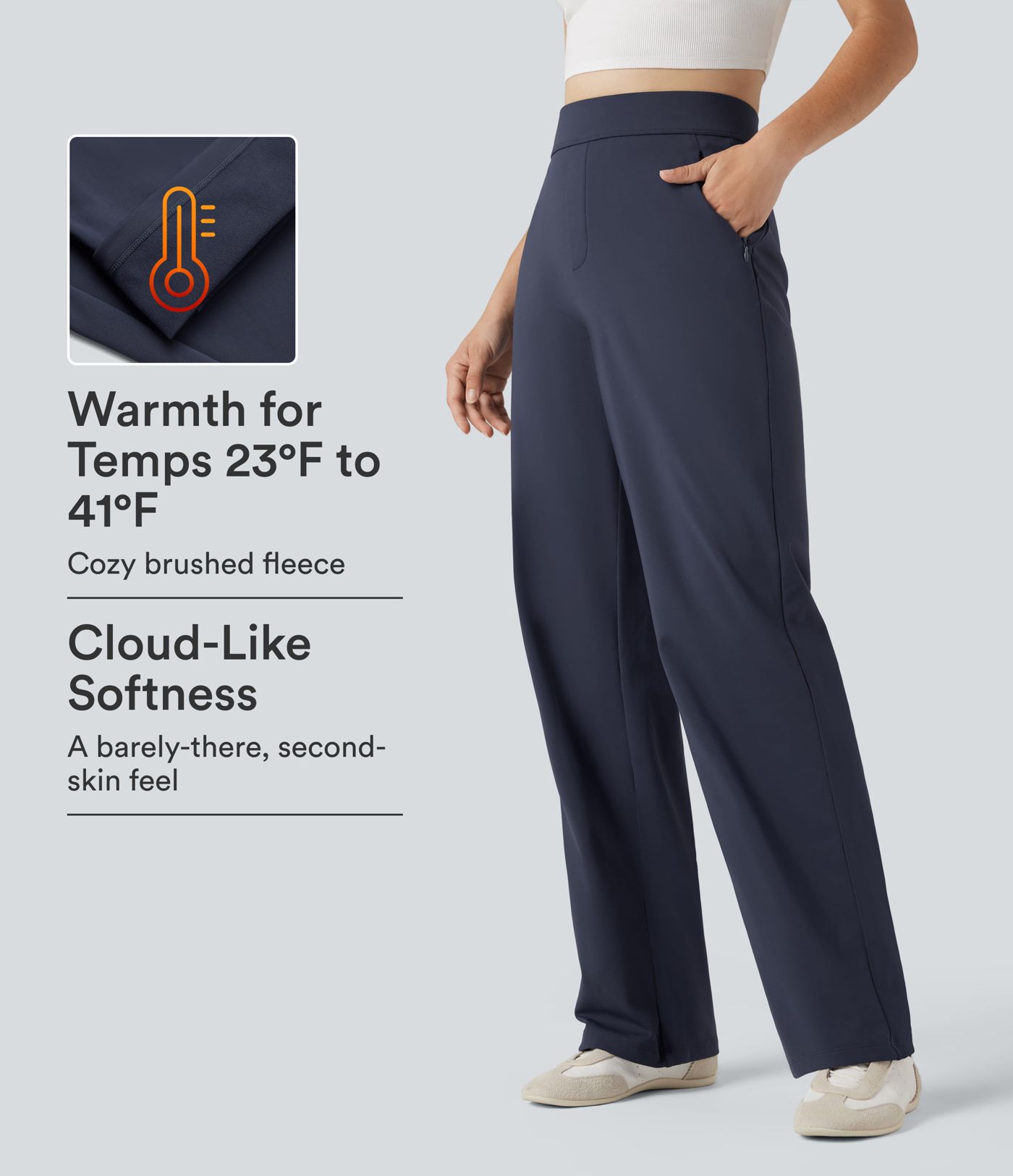 SoftlyZero™ Pantalon décontracté thermique en peluche, taille haute, coupe droite, avec poches à fermeture éclair SoftlyZero™ Pantalon décontracté thermique en peluche, taille haute, coupe droite, avec poches à fermeture éclair