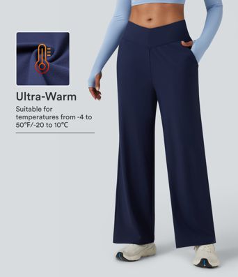 Pantalones holgados de yoga de forro polar con cintura alta en forma de V y bolsillos