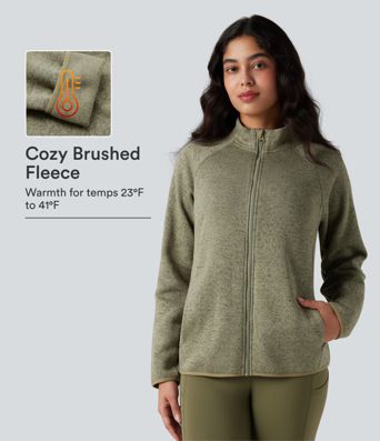 Stand Collar Long Sleeve Zip Fly Hiking Fleece Heathered Jacket with Pockets Stand Collar Long Sleeve Zip Fly Hiking Fleece Heathered Jacket with Pockets