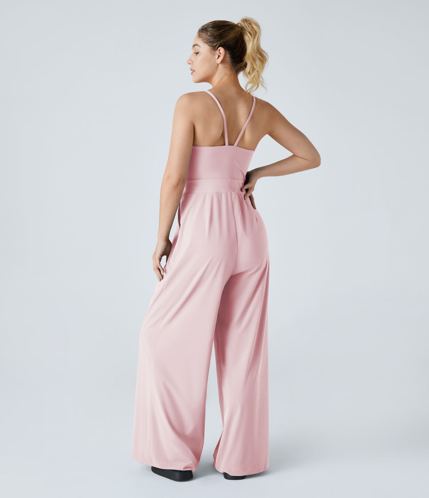 V-Neck Backless Invisible Zipper 2-in-1 Casual Slip Baggy Jumpsuit with Pockets