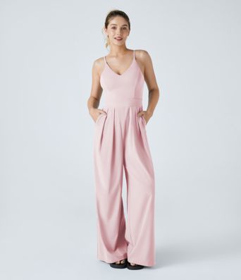 V-Neck Backless Invisible Zipper 2-in-1 Casual Slip Baggy Jumpsuit with Pockets