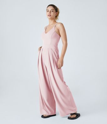 V-Neck Backless Invisible Zipper 2-in-1 Casual Slip Baggy Jumpsuit with Pockets