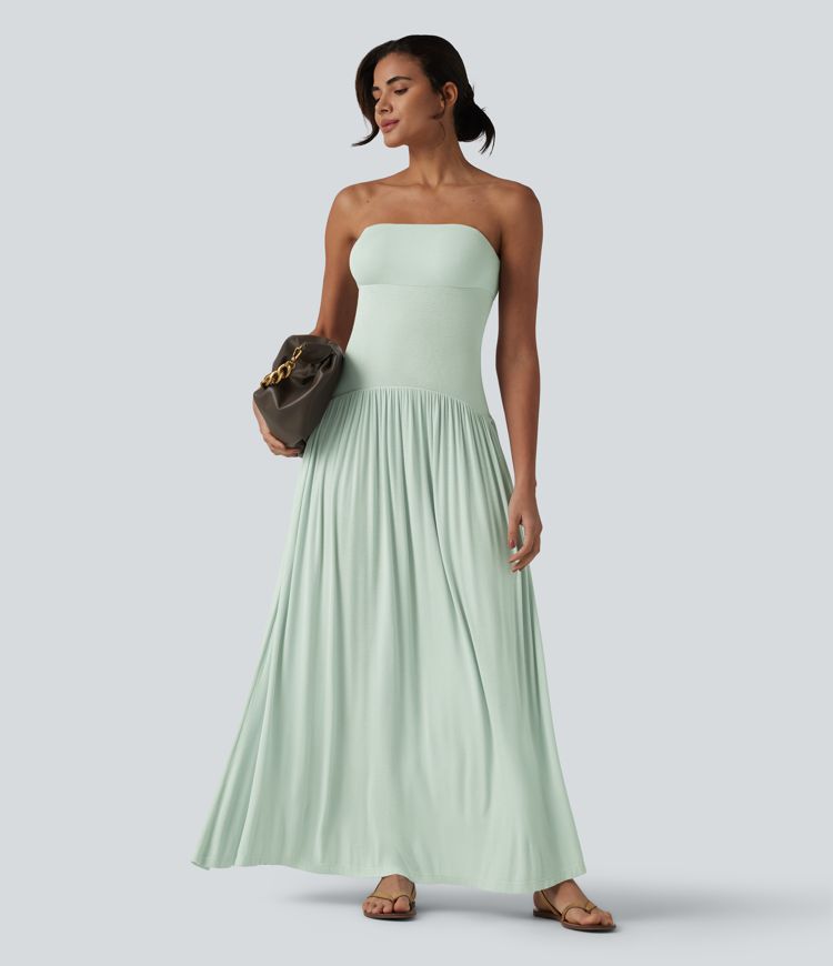 Vestido slip maxi acanalado y fluido con bolsillos
