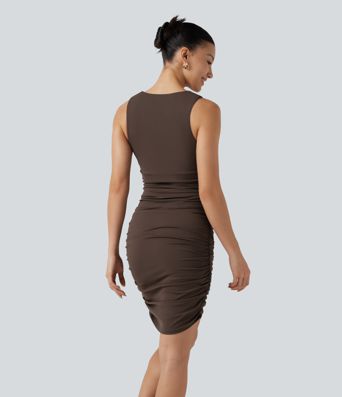 SoftlyZero™ Airy Round Neck Sleeveless Ruched Built-in Bra 2-Piece Cool Touch Casual Bodycon Dress with Tummy Control Shorts SoftlyZero™ Airy Round Neck Sleeveless Ruched Built-in Bra 2-Piece Cool Touch Casual Bodycon Dress with Tummy Control Shorts