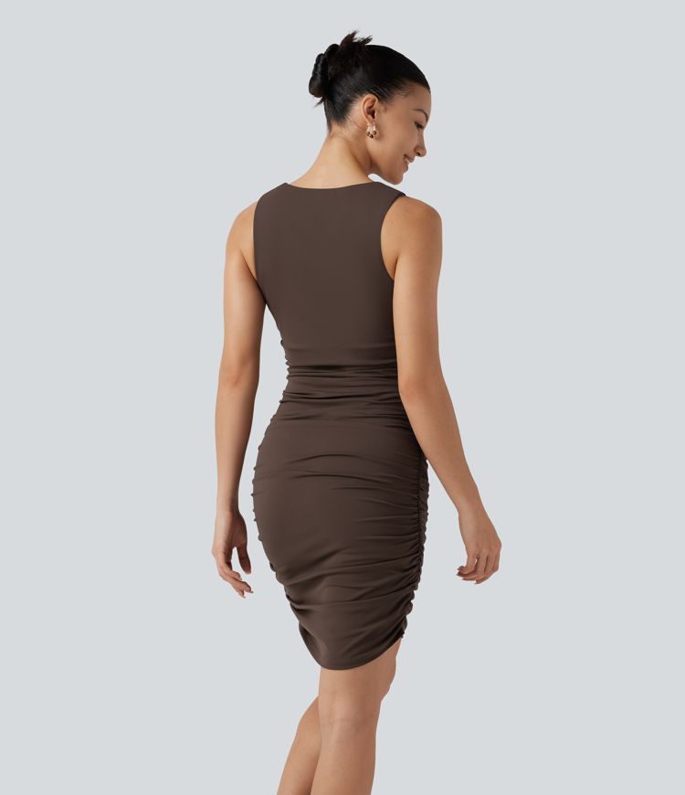 SoftlyZero™ Airy Round Neck Sleeveless Ruched Built-in Bra 2-Piece Cool Touch Casual Bodycon Dress with Tummy Control Shorts SoftlyZero™ Airy Round Neck Sleeveless Ruched Built-in Bra 2-Piece Cool Touch Casual Bodycon Dress with Tummy Control Shorts
