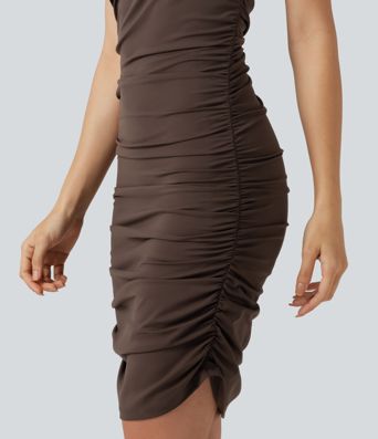 SoftlyZero™ Airy Round Neck Sleeveless Ruched Built-in Bra 2-Piece Cool Touch Casual Bodycon Dress with Tummy Control Shorts SoftlyZero™ Airy Round Neck Sleeveless Ruched Built-in Bra 2-Piece Cool Touch Casual Bodycon Dress with Tummy Control Shorts